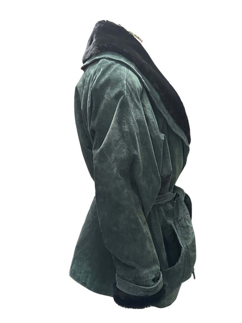 Wilsons Size L Green Suede Leather Faux Fur Shawl Collar Belted Coat Vintage Y2K - Picture 8 of 11